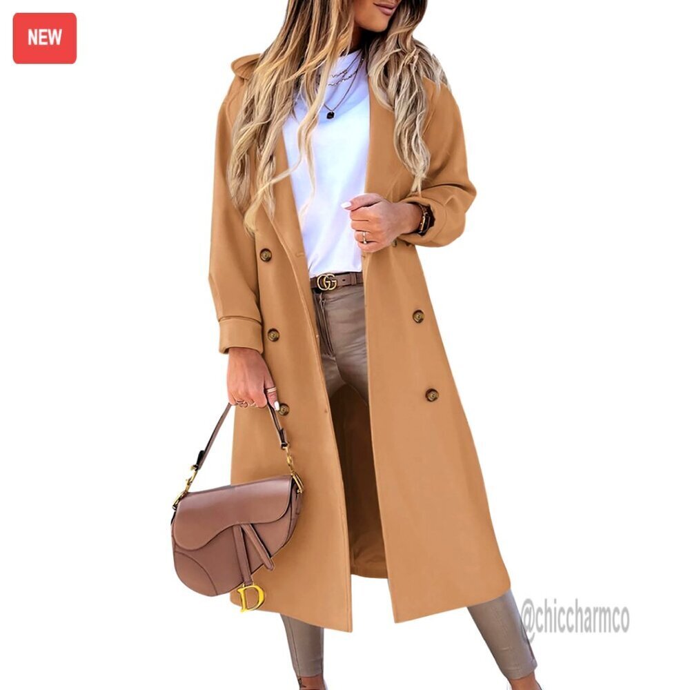 Women's Wool Blend Pea Coat Notched Lapel Double Breasted Long Coat